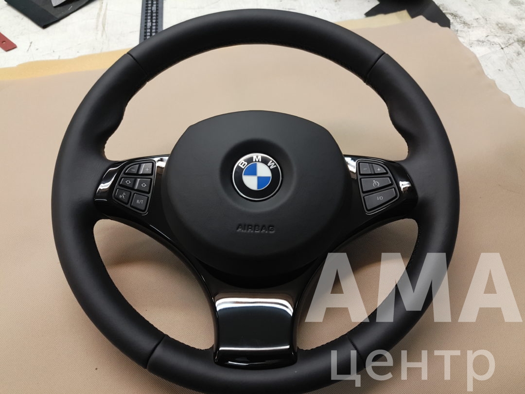Перетяжка руля натуральной кожей и аквапринт BMW X3